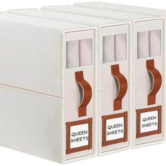 GhvyenntteS Sheet Organizers and Storage 4 Pack (Queen & King Size), Foldable Bed Sheet Organizer with Window and Label, Sheet Storage with Leather Handle, Beige