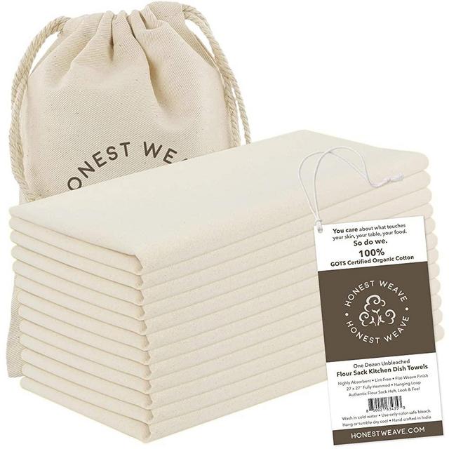 HONEST WEAVE GOTS Certified 100% Organic Flour Sack Cotton Kitchen Hand and Dish Towel Sets - Extra Large 27x27 inches, Fully Hemmed, 12-Pack, Natural Tan