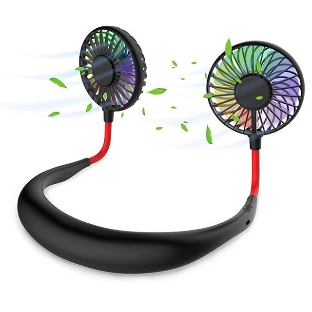 Hands Free Portable Neck Fan - Rechargeable Mini USB Personal Fan Battery Operated with 3 Level Air Flow, 7 LED lights for Home Office Travel Indoor Outdoor (Black)