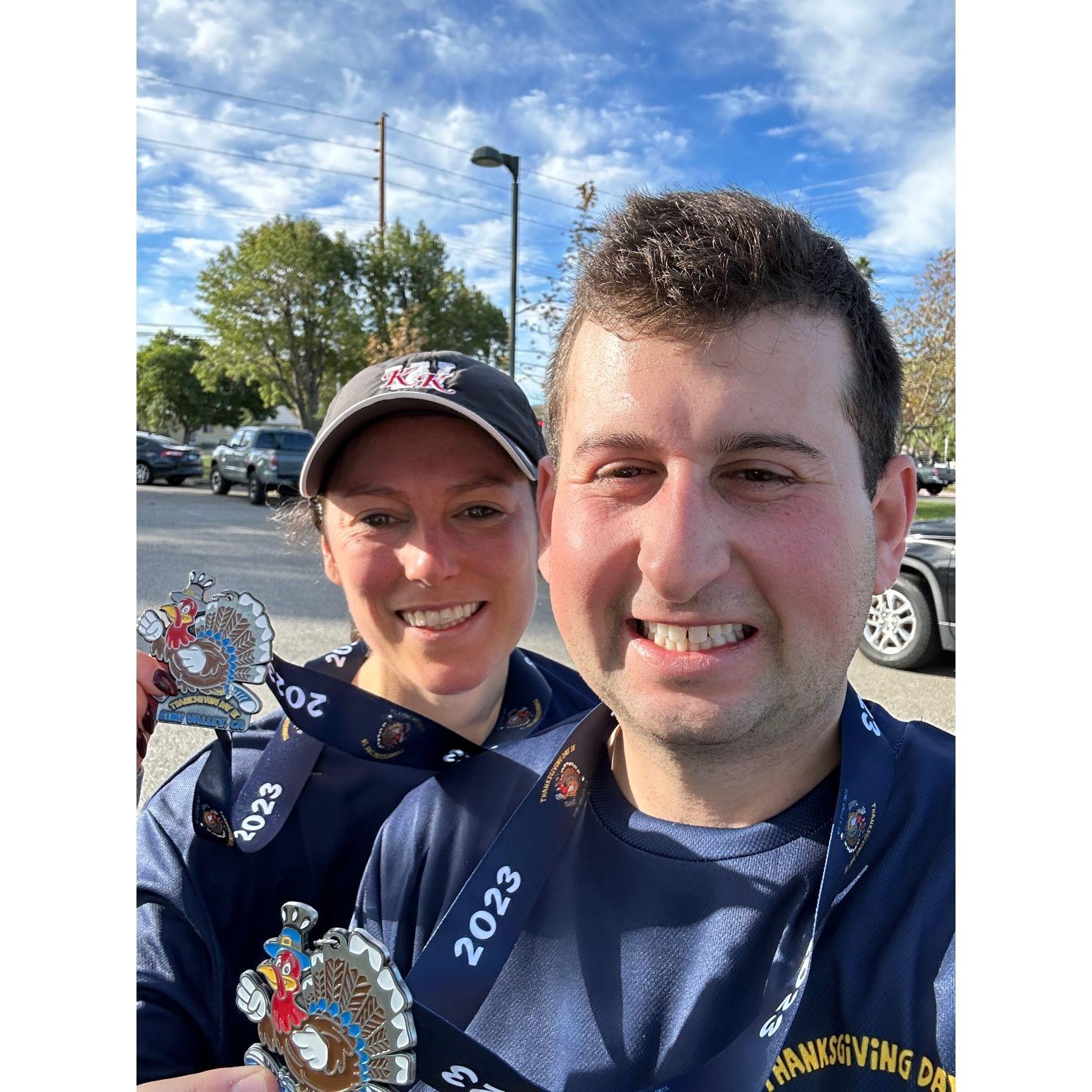 November 23, 2023, post-Turkey Trot selfie, RIGHT BEFORE we got engaged in Simi Valley, California