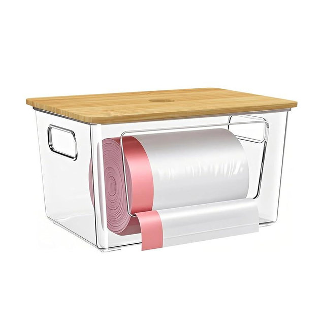 iEGrow Trash Bags Holder,Stackable Trash Bag Dispenser with Bamboo Lid –Extra Large Garbage Bag Holder for Kitchen, Laundry Room,Under-Sink Storage Organization（1 pack）