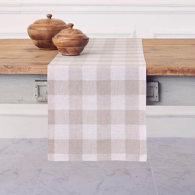 Solino Home Buffalo Check Table Runner 48 Inches - 100% Pure Linen Natural and White Plaid Table Runner 14 x 48 Inch Ideal for Dresser and Coffee Tables - Spring, Mothers Day, Summer