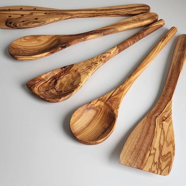 OLIVIKO 100% Olive Wood HANDMADE 5 Spoon Set | Ideal for Nonstick Cookware & Kitchen Utensils | Cooking, Baking & Serving | Eco-friendly & SALAD TONG Salad serving (Classic utensils)