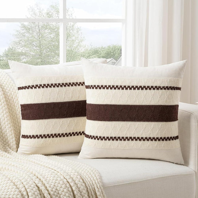 Fancy Homi Set of 2 Boho Brown Decorative Throw Pillow Cover 18x18 Inch for Couch Bed Sofa, Aesthetic Modern Organic Farmhouse Home Decor, Soft Cotton Cute Accent Macrame Woven Cushion Case