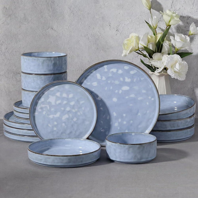 E-far 16-Piece Plates and Bowls Sets with Pasta Bowls - Stoneware Dinnerware Set for 4, Modern Ribbed Dishes, Microwave & Dishwasher Safe, Reactive Blue