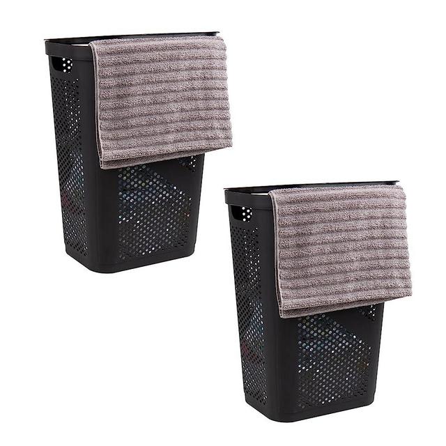 Mind Reader Basket Collection, Slim Laundry Hamper, 60 Liter (15g/33lbs) Capacity, Cut Out Handles, Attached Hinged Lid, Ventilated, Set of 2, Black