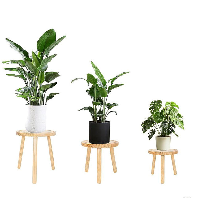 Amdermi 3-Pack Wood Plant Stands Indoor, Single Plant Stand for 6-12 Inch Pots, Mid-Century Modern Plant Stool, Tall Plant Stand for Large Plants for Living Room, Balcony, Office (Light Brown)