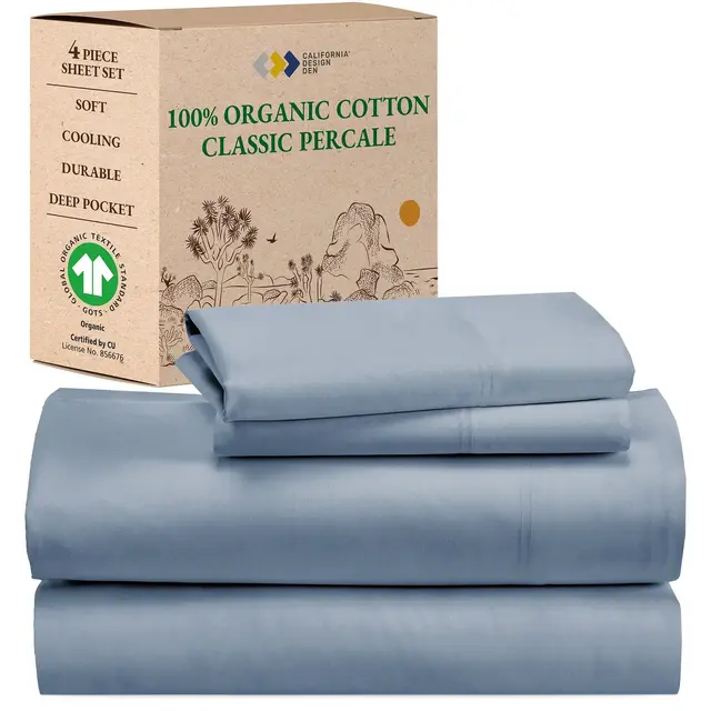 Queen Sheets Set, GOTS Certified 100% Organic Cotton Percale, Blue Bed Sheets by California Design Den