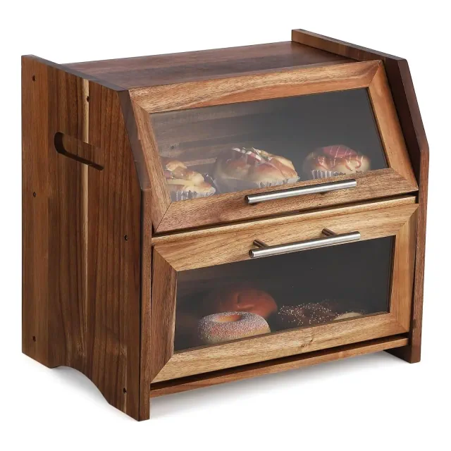 Bread Box, Double Layer Acacia Wooden Bread Bin with Clear Acrylic Door Panel, Air Vents