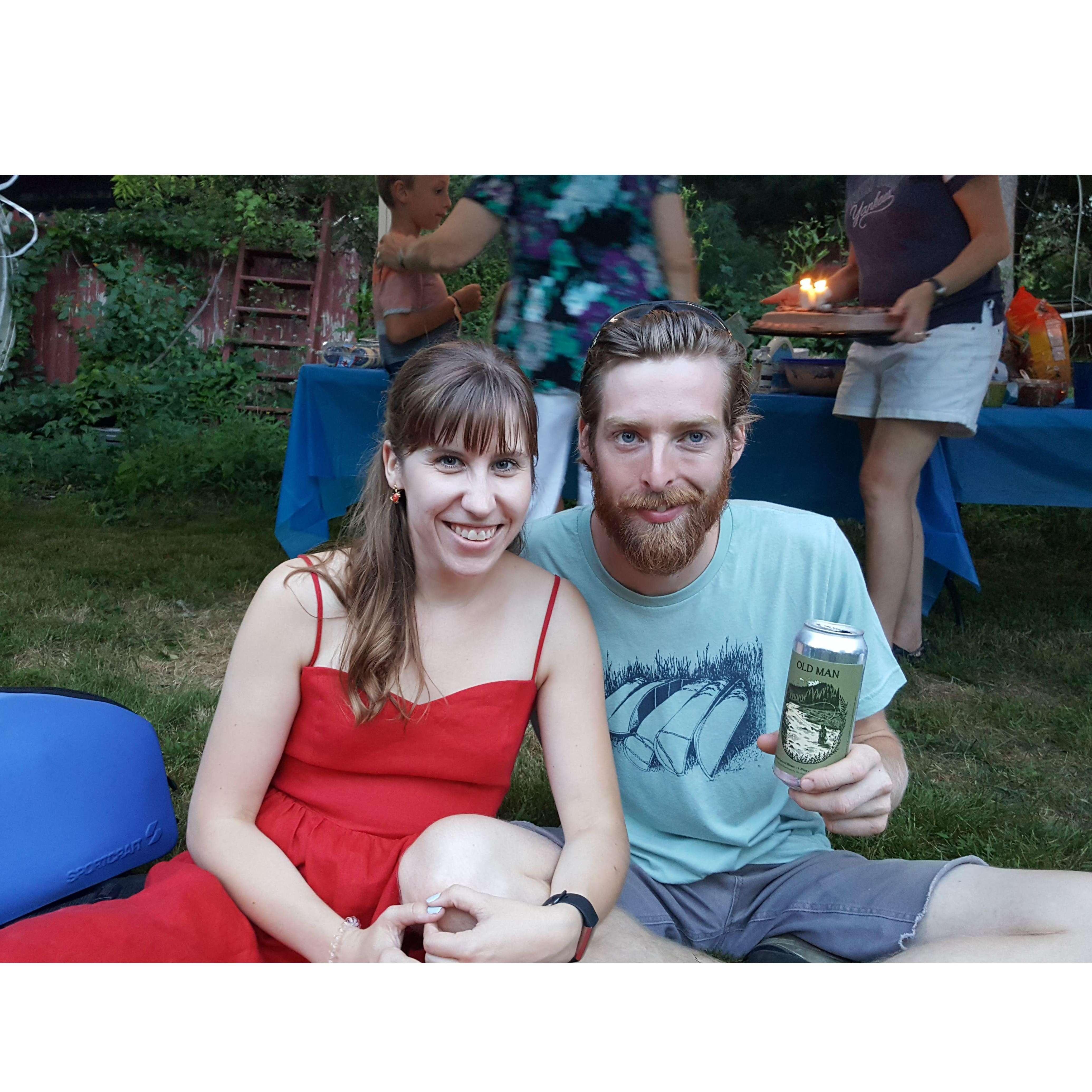 Our very first photo together (note the Treehouse beer, 'Old Man'; it was my 30th birthday present to Travis).