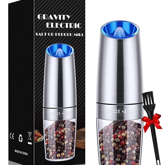 Gravity Electric Pepper Grinder, Salt and Pepper Mill & Adjustable Coarseness, Battery Powered with LED Light, One Hand Automatic Operation, Stainless Steel (Single / Silver)