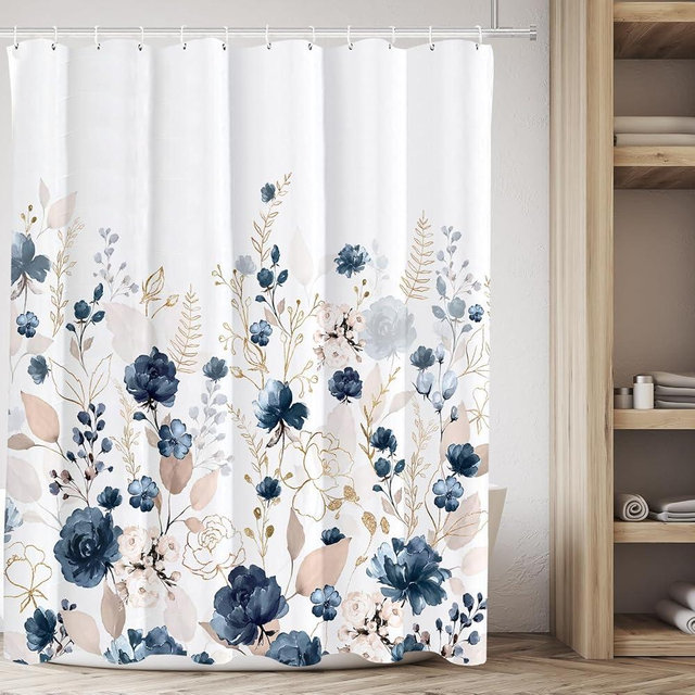 Tititex Aesthetic Navy Blue Floral Shower Curtain Sets, Watercolor Gold Flowers Leaves Bathroom Decorative 71x71 Inch Polyester Waterproof Fabric Bath Curtain with Hooks