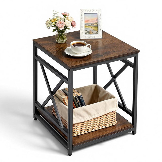 VEVOR End Table 18" Square, 2-Tier Side Table with Open Storage Shelves, Industrial Nightstand Bedside Table with Metal Frame & Wood Top, Small Sofa Table for Living Room, Bedroom, Office, Dorm