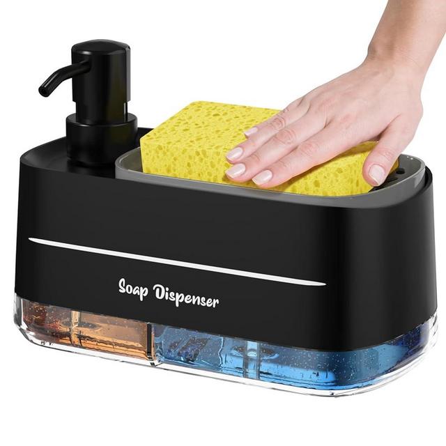 Oylik Dish Soap Dispenser with Sponge, 4-in-1 Kitchen Soap Dispenser with Sponge Holder, Anti-Slip Base, Refillable Hand and Dish Soap Dispenser Set Black for Kitchen Sink and Countertop Organization