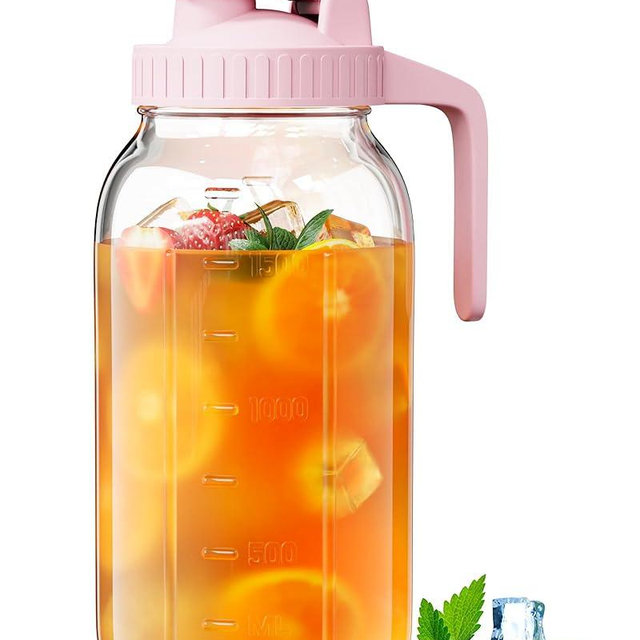 64 oz Glass Pitcher with Lid, Large Wide Mouth Mason Jar Pitcher with Pour Spout, Pink Sun Tea Glass Jar for Outside, Glass Water Pitcher Great for Drink, Cold Beverages and Breast Milk