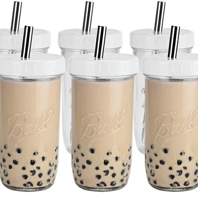 Bedoo Bubble Tea Cups 6 Pack 24 oz, Reusable Wide Mouth Smoothie Cups, Iced Coffee Cups With White Lids and Silver Straws Ball Mason Jars Glass Cups, Travel Glass Drinking Bottle