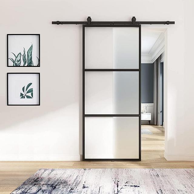 BARNSMITH 36in x 84in Frosted Glass Barn Door with 6FT Top Mounted Hardware kit Soft Close Mechanism Black Carbon Steel Tempered Modern Frosted Glass Sliding Door Assemble Required Easy Installation