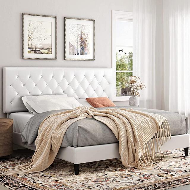 Upholstered Platform Bed Frame with Button Tufted Headboard, Faux Leather, Wooden Slats Support, No Box Spring Needed, Easy Assembly, Queen Size, White