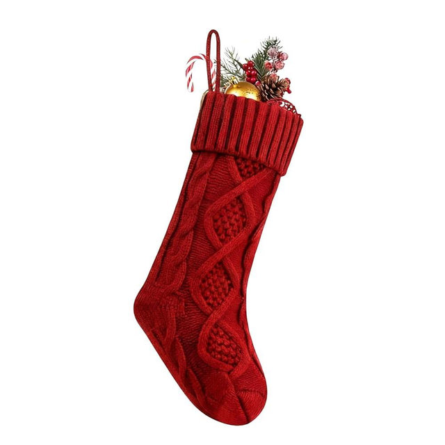 Large Cable Knit Christmas Stockings, Fireplace Hanging Christmas Stockings, Perfect for Holiday Home Party Decorations, Unique Burgundy and White and Green Knitted Christmas Stockings (Burgundy Red)