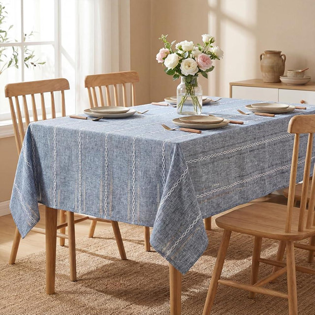 Horaldaily Blue Cotton Blend Tablecloth 60×84 Inch Rectangular, Farmhouse Style, Wrinkle Resistant Washable Table Cloth, Hemstitched Embroidery Table Cover for Home