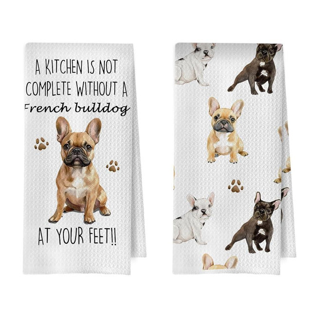 BlissfulAbon French Bulldog Kitchen Towels 16x24 Inch, French Bulldog Gifts Decorative Waffle Weave Dish Towels, Frenchie Mom Gift Hand Tea Towel, Set of 2