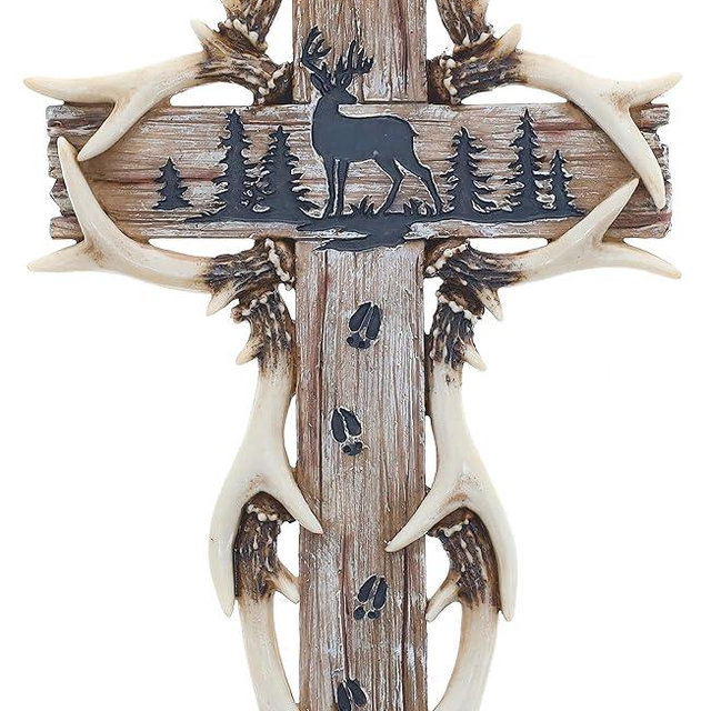 Top Brass Deer Antler Hanging Wall Cross - Rustic Spiritual Jesus Art Decor