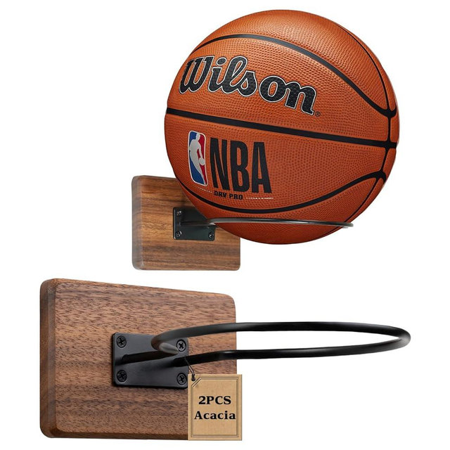 Rovarahoom Basketball Holder Wall Mount, Solid Wood Ball Holder for Storage Soccer Volleyball Football Autograph Ball Metal, Basketball Rack Display for Boys Sports Accessories Organizer & Wall Decor