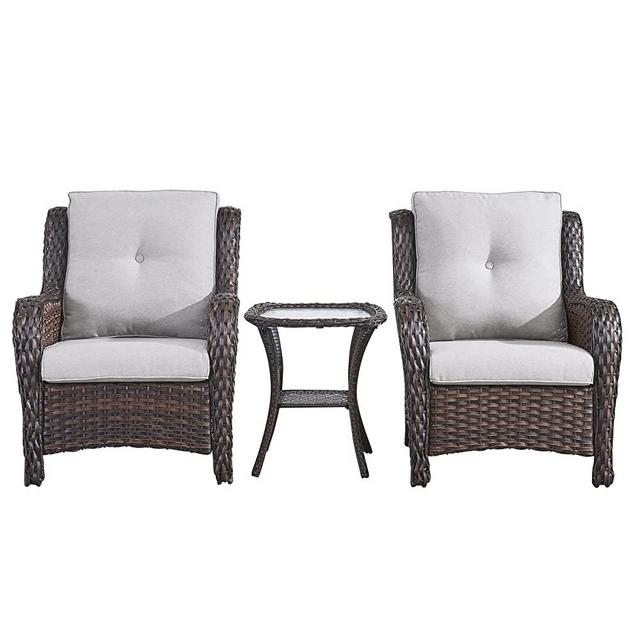Rilyson Patio Bistro Set Wicker Chairs - 3 Piece Outdoor Rattan Conversation Set with 2 Armrest Chair and 1 Side Table for Proch Deck Garden Backyard Balcony(Brown/Beige)