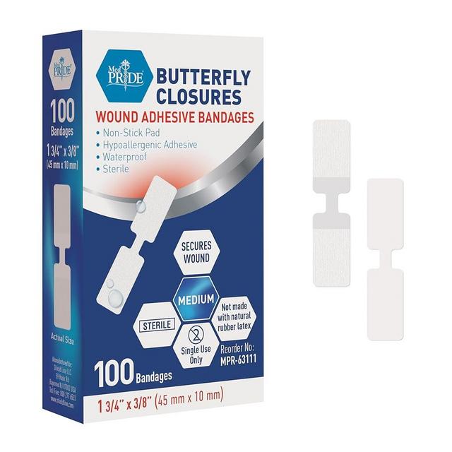 MED PRIDE 100 Pack Sterile Hypoallergenic Butterfly Stitches and Strips for Wounds, Latex-Free Non-Stick Tape Closures, Medium