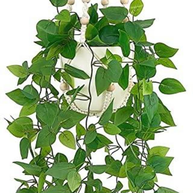 Mkono Fake Hanging Plant with Pot, Artificial Plants for Home Decor Indoor Macrame Plant Hanger with Fake Vines Faux Hanging Planter Greenery for Bedroom Bathroom Kitchen Office Decor, Ivory (Pothos)