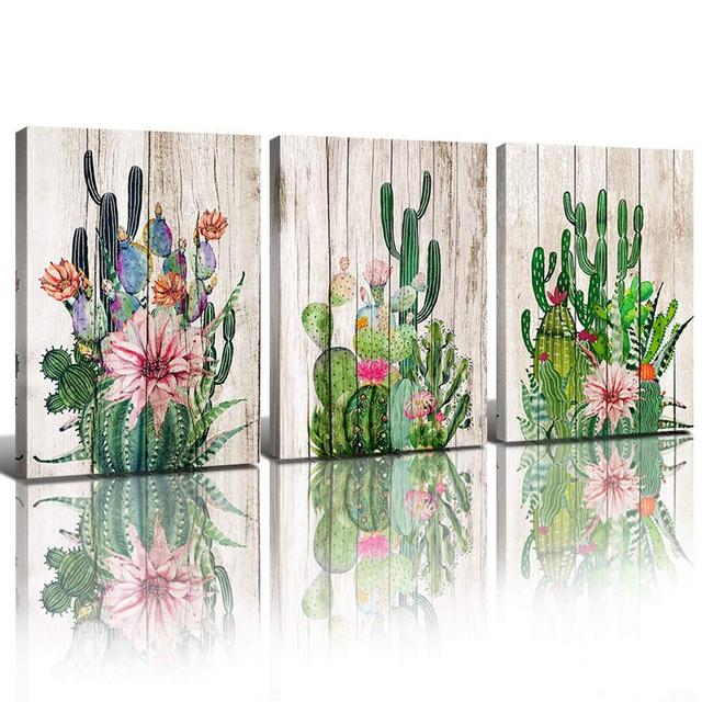 Wall Decor for Bedroom Bathroom Boho Cactus Wall Art Home Decoration Watercolor Rustic Wood Green Tropical Desert Plant Canvas Pictures kitchen Living Room Valentine's Day Gifts Set of 3 Pieces 12×16"