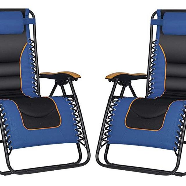 VOYSIGN Oversized Reclining Patio Chair 2pk, XL Padded Adjustable Zero Gravity Lounge Chair w/Pillows and Cup Holder Trays, Support 350 lbs (Navy - 2 Pack)