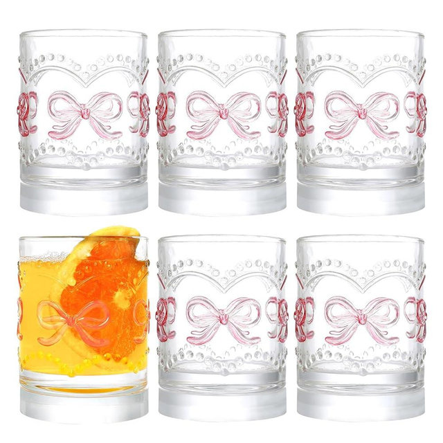 11OZ Ribbed Glass Coffee Cups Set of 6, Vintage French-Style Glasses with Delicate Pink Bow and Dot Relief, Elegant and Durable Glassware for Hot and Cold Beverages, Thick-Bottomed and Dishwasher Safe