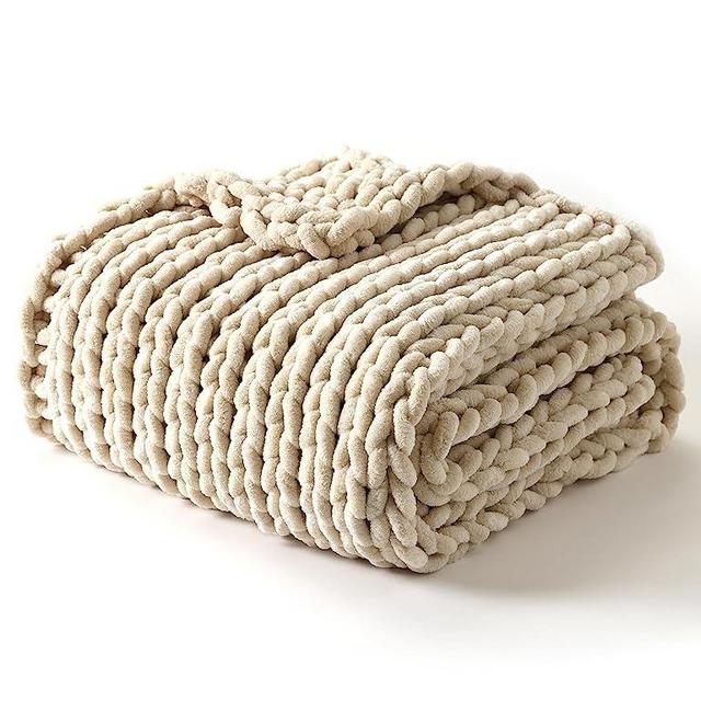 YnM Chunky Throw Blanket, Hand Knitted with Chenille Yarn, Skin Friendly, Ventilated and Breathable, Machine Washable, Home Décor Piece for Couch, Sofa and Bed (Butter Cream, 50x60 Inch)