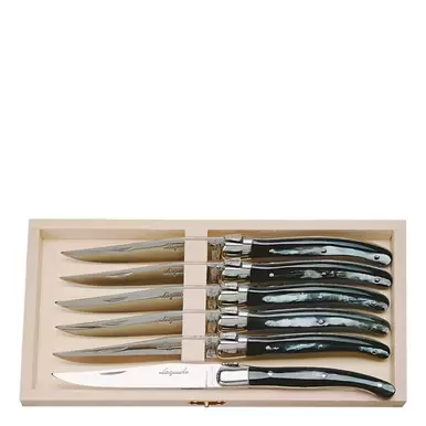 Jean Dubost 6 Steak Knives with Real Horn Handles in Box
