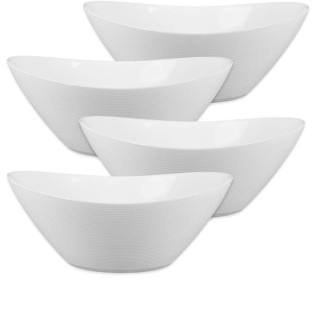 LaGlint 43 OZ Serving Bowl Set of 4, Opal Glass 9 inch Oval Serving Dishes for Salad, Side Dishes, Fruit Kitchen, Microwave & Dishwasher Safe, White