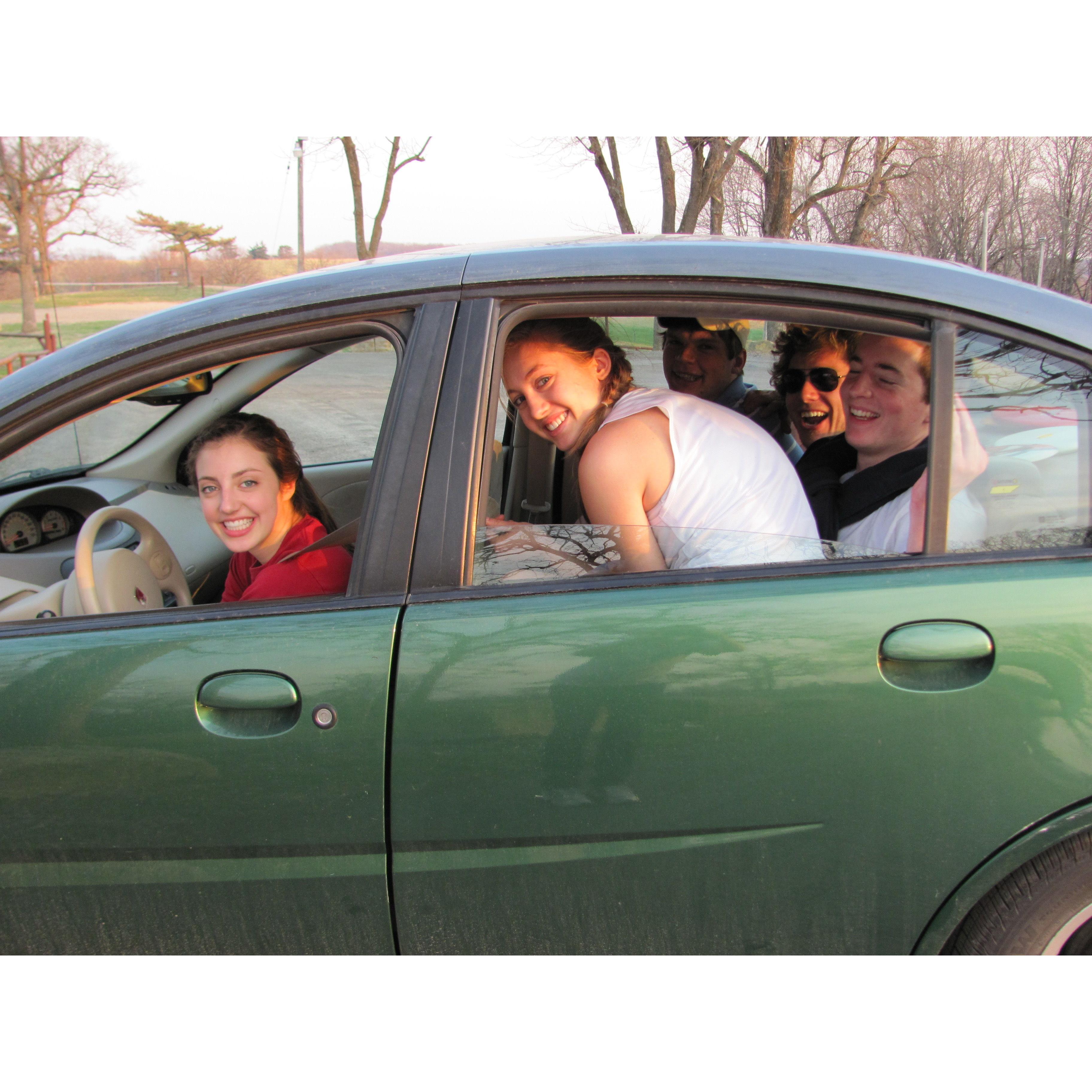 Piling in the car to go frisbee golfing. I spy two other BC sweethearts.