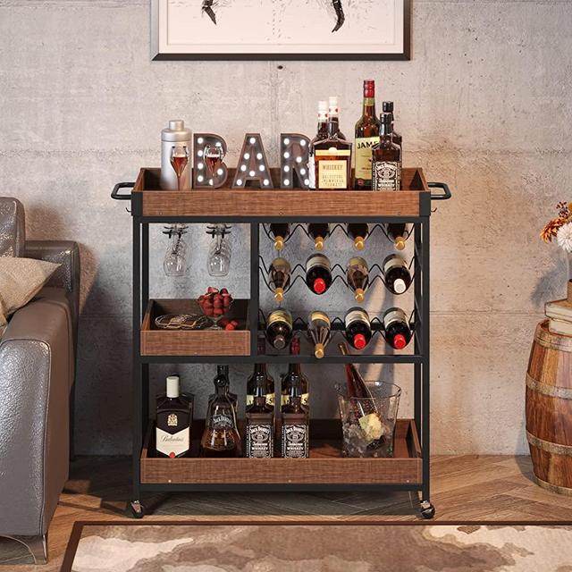 4 EVER WINNER Bar Cart for Home with Wine Rack, Industrial Beverage Cart with Wheels, Serving Carts for Home 3 Tier Storage Trolley with Glasses Holder, Rustic Brown