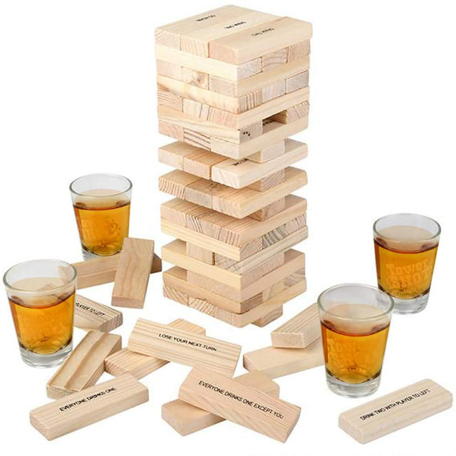 ArtCreativity Tumbling Tower Drinking Game, Drinking Game with 4 Glasses and 60 Wooden Blocks with Challenges, Fun House Party Games for Game Night, Great Gift Idea