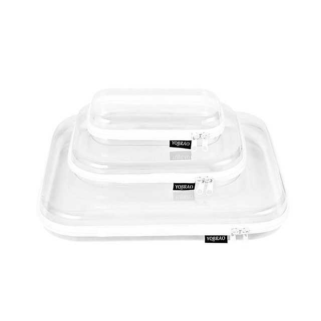 YQBRAO Hard Sided Clear Zipper Case for Storage- Professional-Grade Plastic Clear Zipper Pencil Case,Toy Storage Bins, Toiletry Pouch, Travel Organizer, Cosmetic Bag（White,3 Pack, LMS）