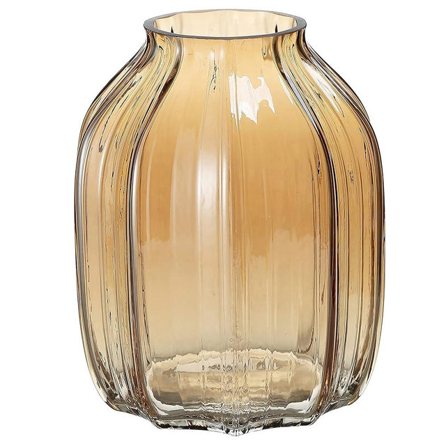 Large Amber Glass Vase for Flowers Ribbed Tall Gold Floor Vase 8.0" Decorative Vases for Home Table Centerpieces Flowers Decor and Farmhouse(Brown 8.0in)