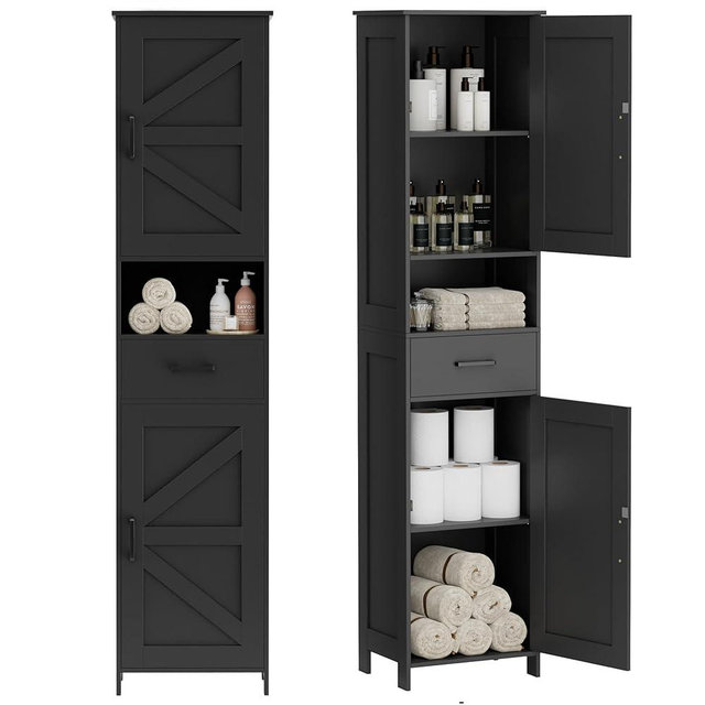 Homhedy 67" H Tall Bathroom Storage Cabinet with 2 Barn Doors and 1 Drawer，Storage Cabinet, Adjustable Shelves，Floor Cabinet for Bathroom, Living Room, Entryway, Kitchen, Black