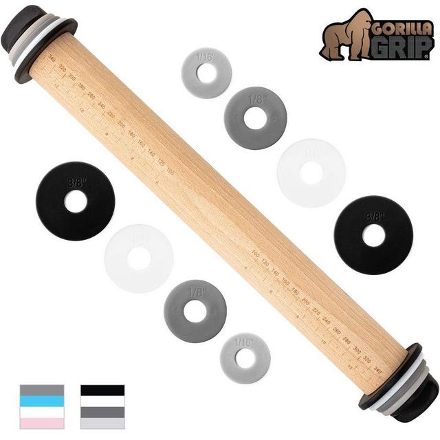Gorilla Grip Original Premium Professional Kitchen Rolling Pin, Non Stick Roller with Removable Thickness Measuring Rings, Adjustable Size Guides, Roll Dough for Baking, Black Gray White Light Gray