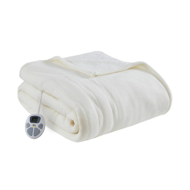 Serta King Fleece to Shearling Electric Heated Bed Blanket Ivory: 5-Year Warranty, Machine Washable