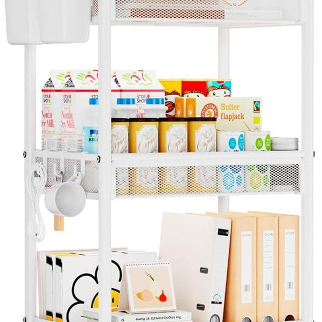 YASONIC 3 Tier Rolling Cart – Metal Utility Storage Carts with Wheels, Craft Carts Organizer with Hanging Cups, Hooks, Mesh Basket for Bedside Kitchen Office Art, White