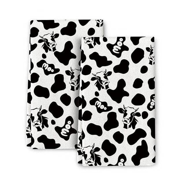 Cow Print Milk Kitchen Dish Towel Set of 2, Ultra Soft Absorbent Black White Hand Drying Baking Cooking Cloth, Farmhouse Decor 16" x 24"