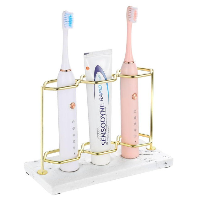 Emibele Toothbrush Holder, Resin Electric Toothbrush Holder with 3 Slots 2 Layers, Non-Slip Bathroom Accessories Organizer Toothbrush Toothpaste Razor Cleanser, Gold Marble White