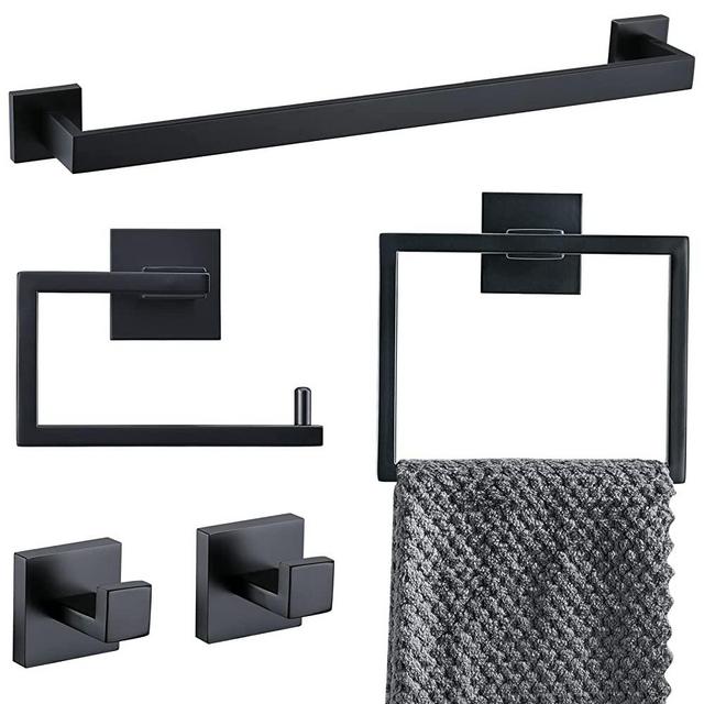 YACVCL 5-Piece Bathroom Hardware Accessories Set 23.6 inch Towel Bar Towel Rack Sets Modern Towel Ring Kit Stainless Steel Wall Mounted (Matte Black)