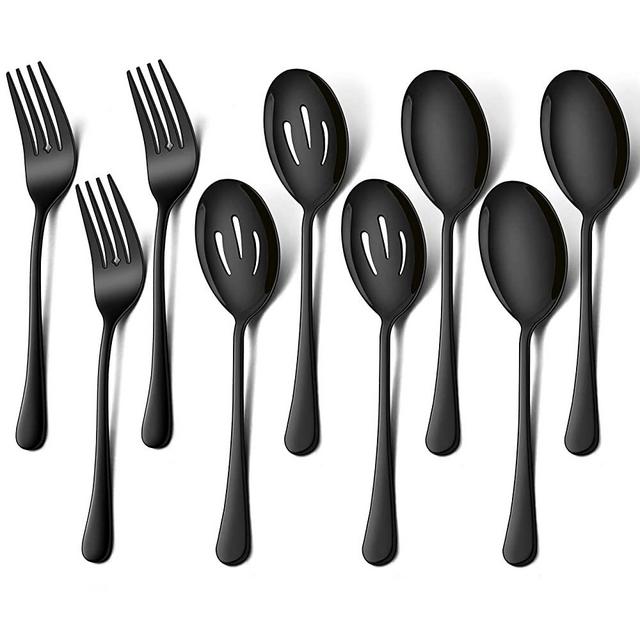 Hudson Essentials 9-Piece Hammered 18/10 Stainless Steel Silverware Serving Spoons and Forks Set - Hostess Buffet Flatware Utensils