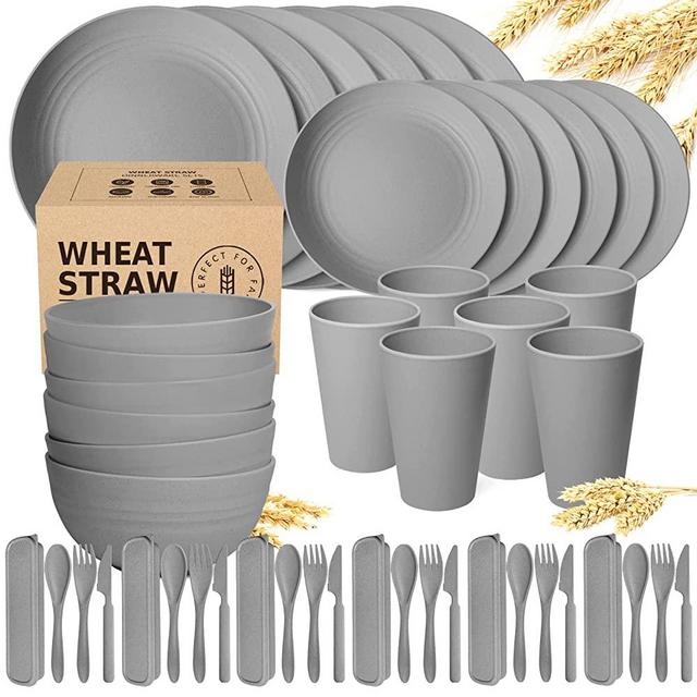 Teivio Kitchen Wheat Straw Dinnerware Set, Dinner Plates, Dessert Plate, Cereal Bowls, Cups, Unbreakable Plastic Outdoor Camping Dishes (Service for 6 (24 piece with flatware), Grey)